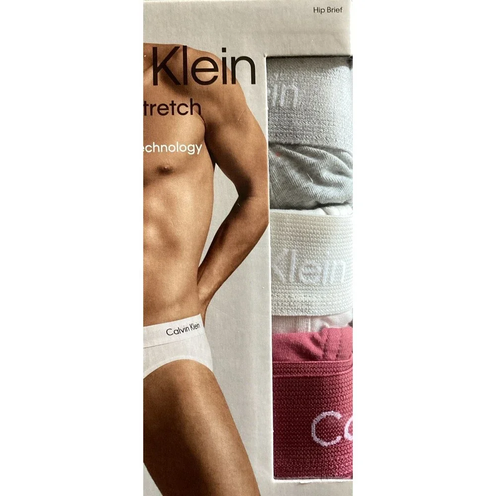 Calvin Klein Mens 3 Pack Cotton Stretch Hip Brief Classic Fit Gray/Burgundy XXL